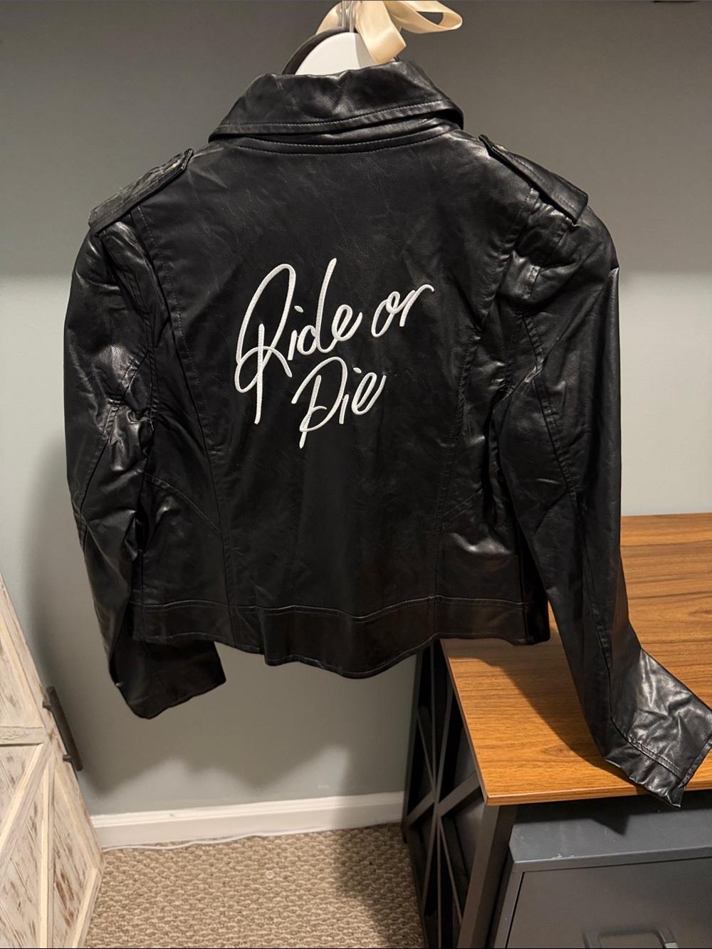 Women’s Black Faux Leather Biker Jacket with White 'Ride or Die' Script
